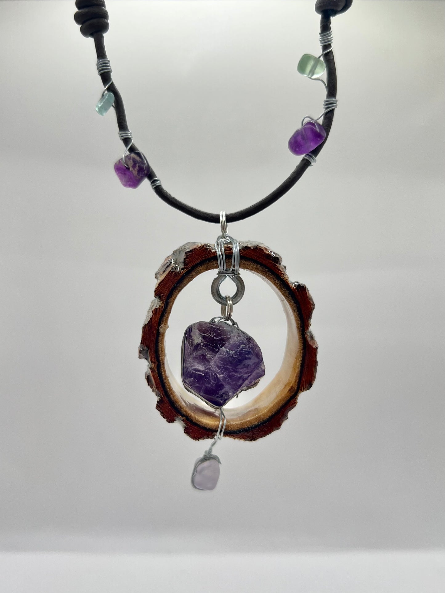 Full Moon Amethyst Pendant with Wire Wrapped Leather Cord (Resin)