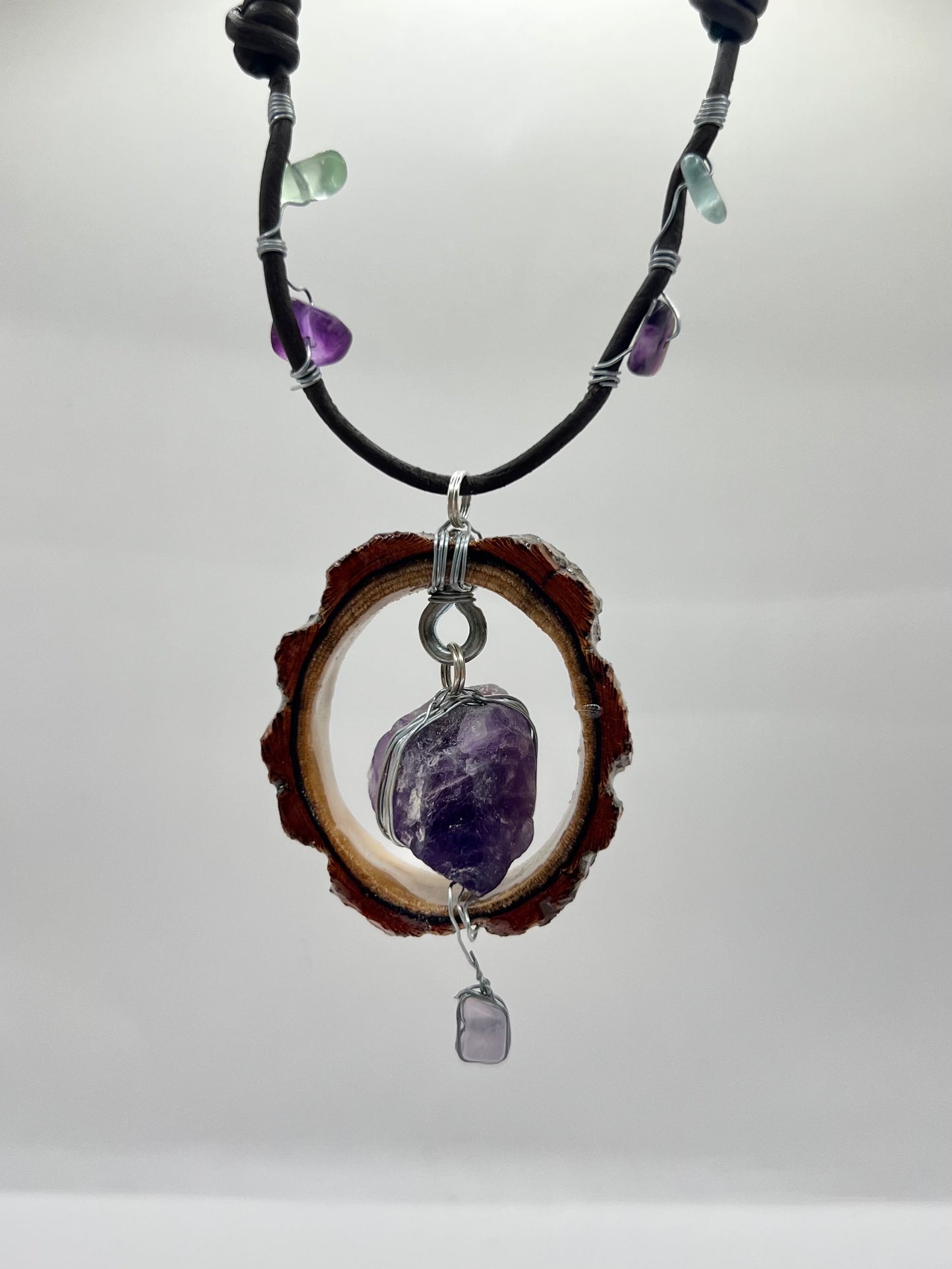 Full Moon Amethyst Pendant with Wire Wrapped Leather Cord (Resin)