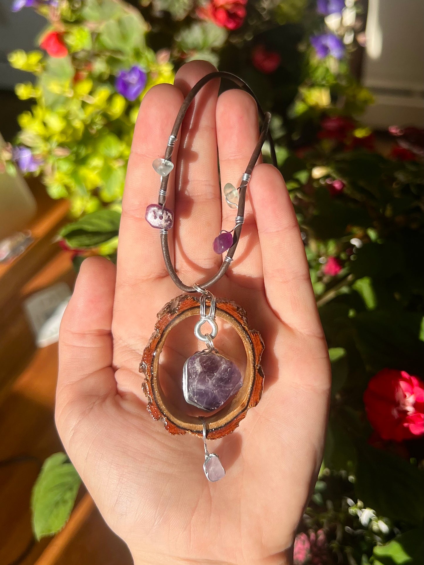 Full Moon Amethyst Pendant with Wire Wrapped Leather Cord (Resin)