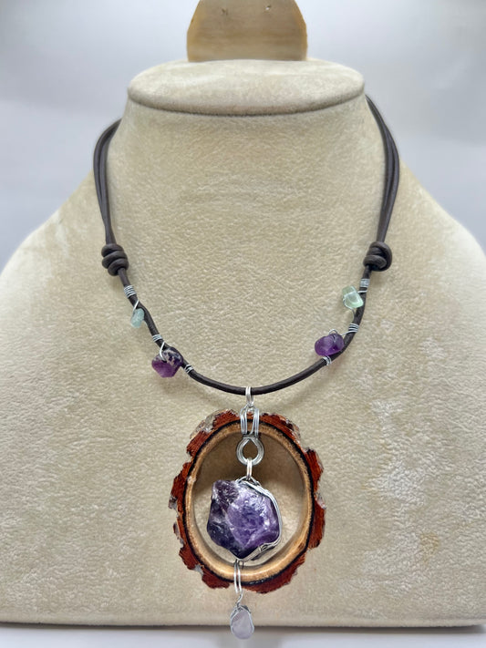 Full Moon Amethyst Pendant with Wire Wrapped Leather Cord (Resin)