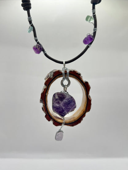 Full Moon Amethyst Pendant with Wire Wrapped Leather Cord (Resin)